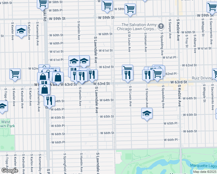 map of restaurants, bars, coffee shops, grocery stores, and more near 3624 West 63rd Place in Chicago