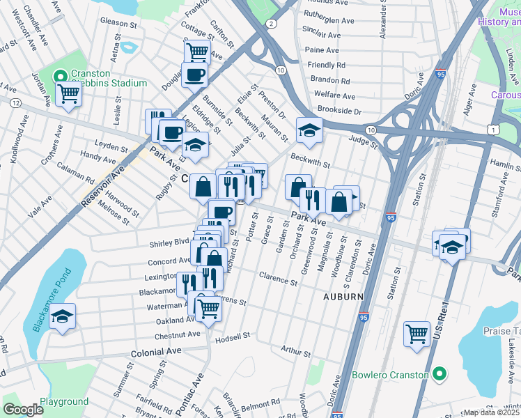 map of restaurants, bars, coffee shops, grocery stores, and more near 800 Park Avenue in Cranston
