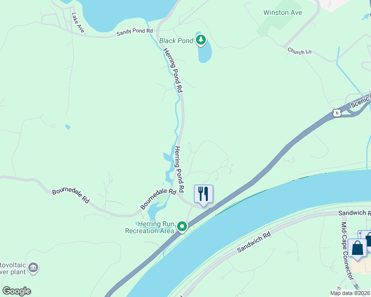 map of restaurants, bars, coffee shops, grocery stores, and more near 2 Juniper Lane in Bourne