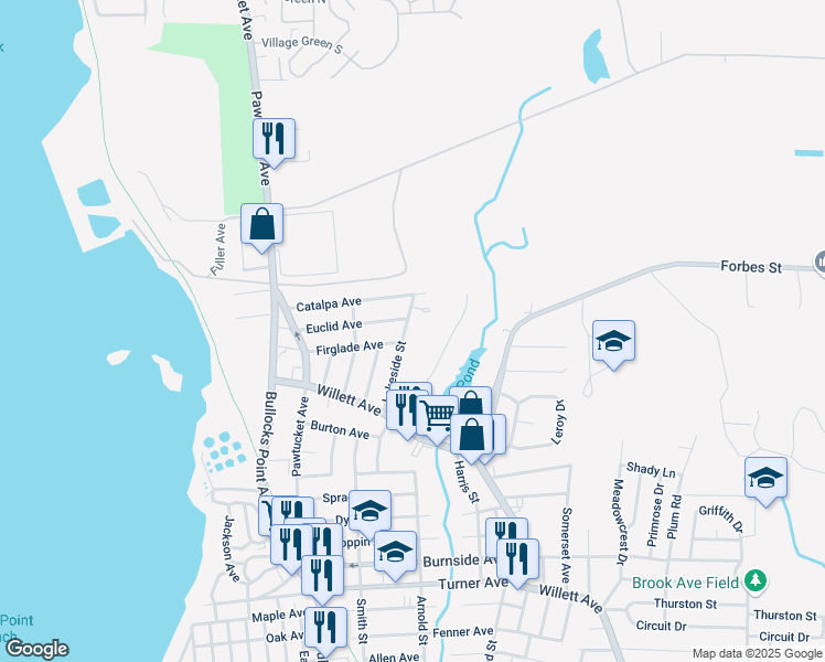 map of restaurants, bars, coffee shops, grocery stores, and more near 44 Lakeside Street in East Providence