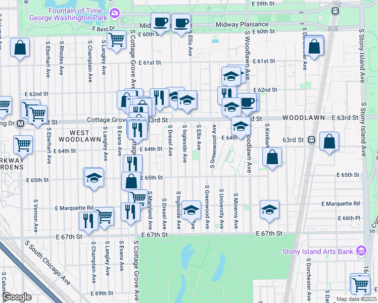 map of restaurants, bars, coffee shops, grocery stores, and more near 6421 South Ingleside Avenue in Chicago