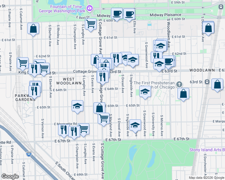 map of restaurants, bars, coffee shops, grocery stores, and more near 6452 South Maryland Avenue in Chicago