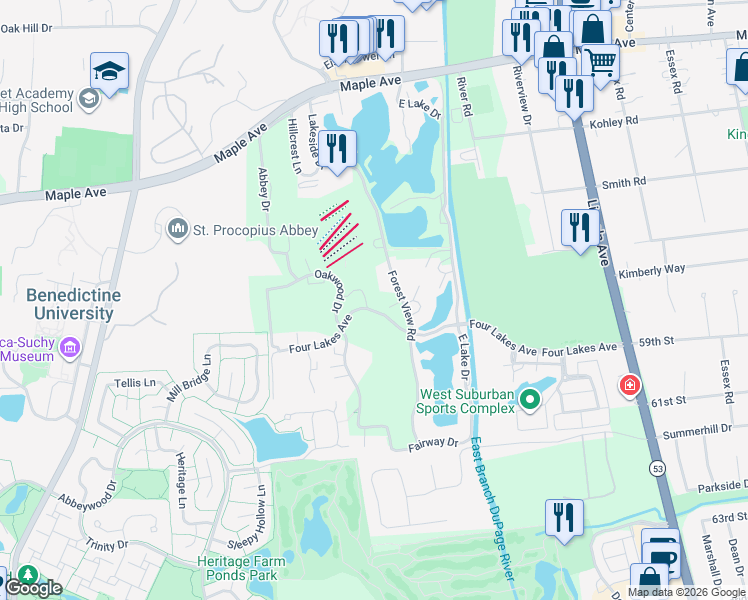 map of restaurants, bars, coffee shops, grocery stores, and more near 4 Lakes Avenue in Lisle