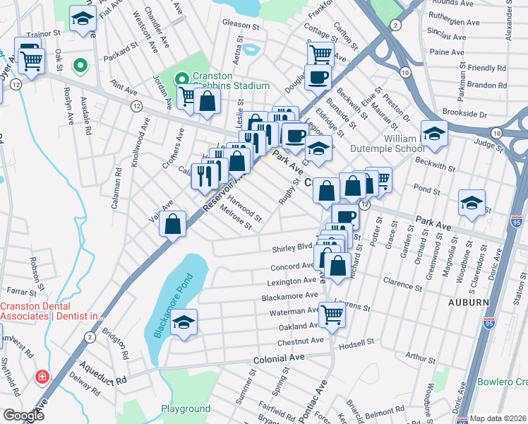 map of restaurants, bars, coffee shops, grocery stores, and more near 18 Midler Street in Cranston