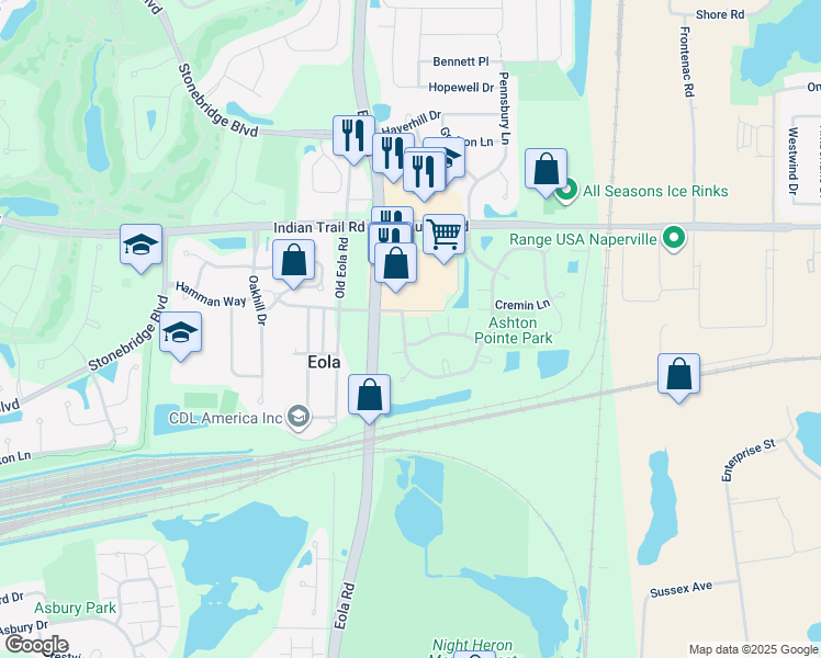 map of restaurants, bars, coffee shops, grocery stores, and more near 3105 Ollerton Avenue in Aurora
