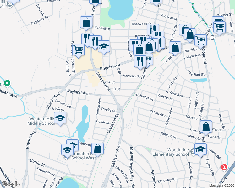 map of restaurants, bars, coffee shops, grocery stores, and more near 44 Wayland Avenue in Cranston