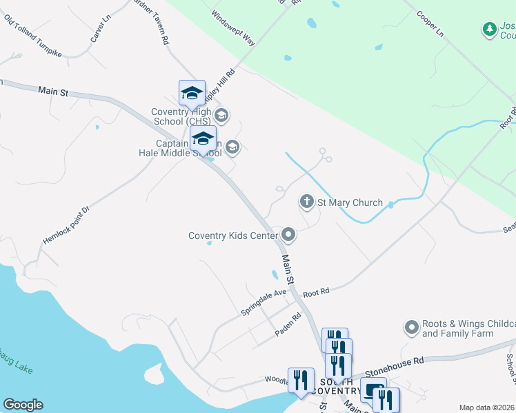 map of restaurants, bars, coffee shops, grocery stores, and more near 1660 Main Street in Coventry