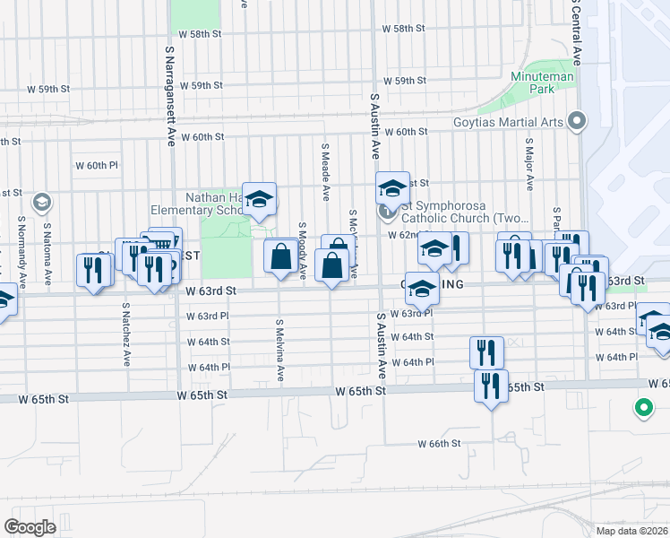 map of restaurants, bars, coffee shops, grocery stores, and more near 6239 South Meade Avenue in Chicago