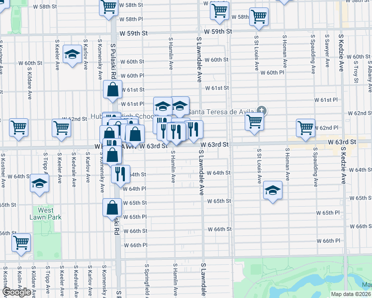 map of restaurants, bars, coffee shops, grocery stores, and more near 3742 West 63rd Place in Chicago