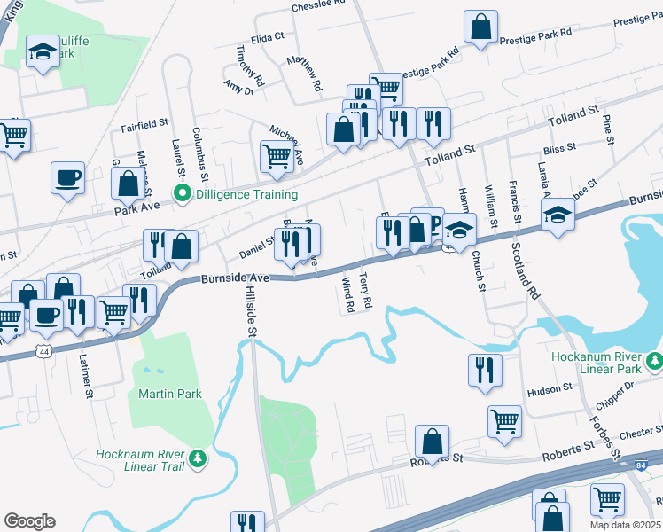 map of restaurants, bars, coffee shops, grocery stores, and more near 539 Burnside Avenue in East Hartford