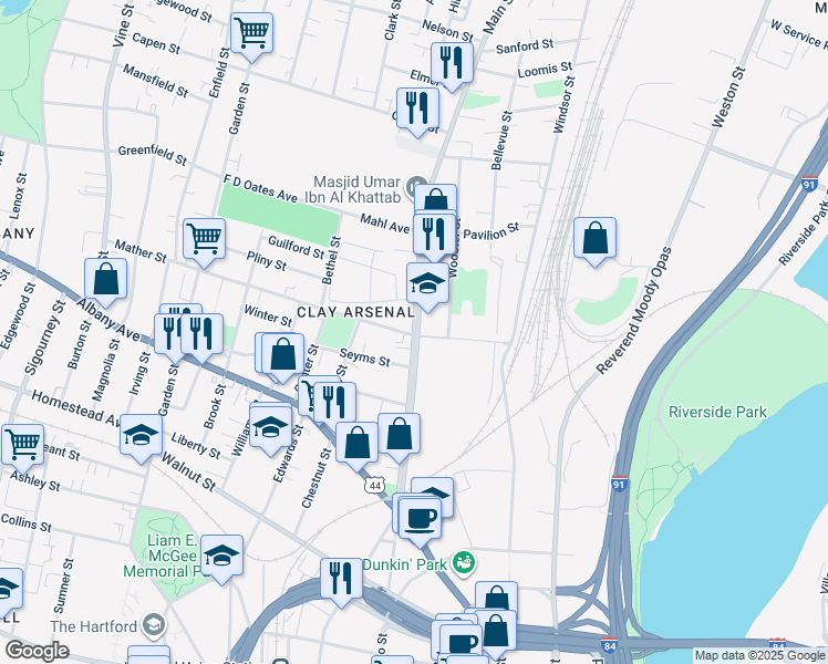 map of restaurants, bars, coffee shops, grocery stores, and more near 1713 Main Street in Hartford