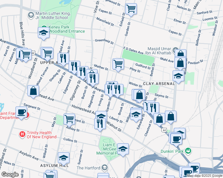 map of restaurants, bars, coffee shops, grocery stores, and more near 498-500 Albany Avenue in Hartford