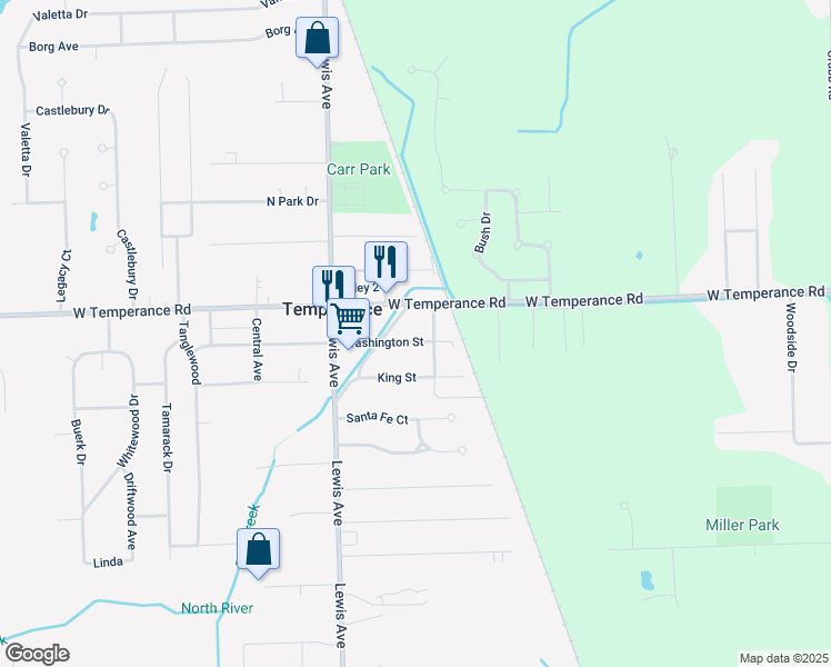 map of restaurants, bars, coffee shops, grocery stores, and more near 639 Washington Street in Temperance