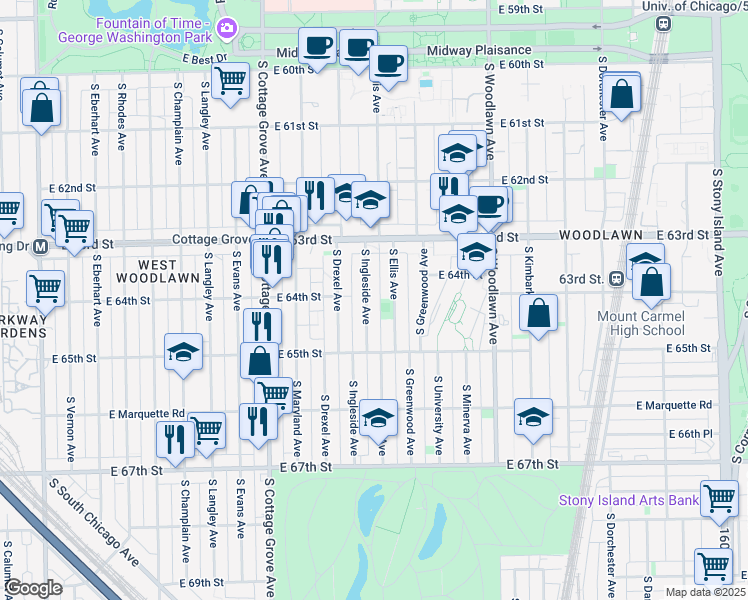 map of restaurants, bars, coffee shops, grocery stores, and more near 6421 South Ingleside Avenue in Chicago