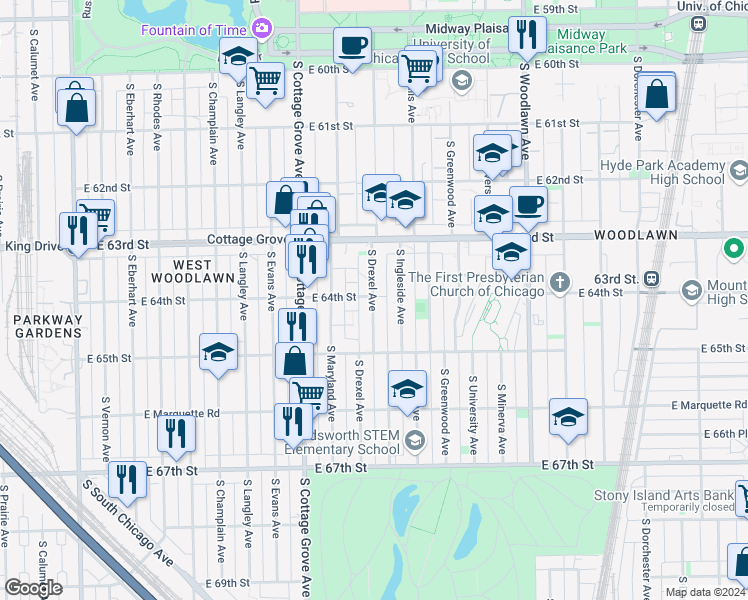 map of restaurants, bars, coffee shops, grocery stores, and more near 6418 South Drexel Avenue in Chicago