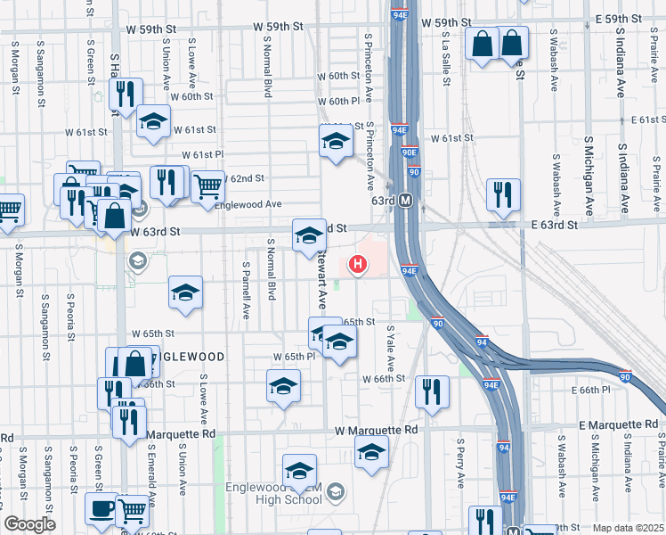 map of restaurants, bars, coffee shops, grocery stores, and more near 6204 South Stewart Avenue in Chicago