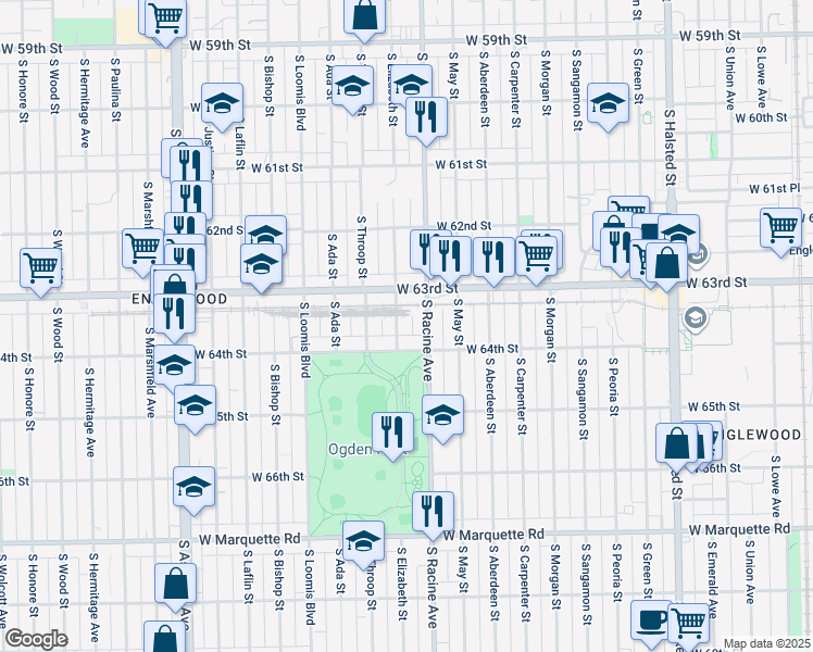 map of restaurants, bars, coffee shops, grocery stores, and more near 6349 South Elizabeth Street in Chicago