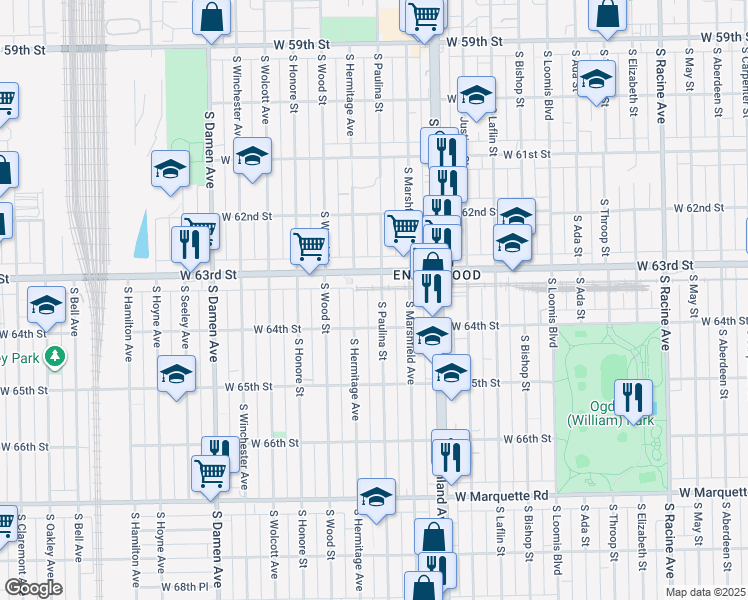 map of restaurants, bars, coffee shops, grocery stores, and more near 6349 South Hermitage Avenue in Chicago