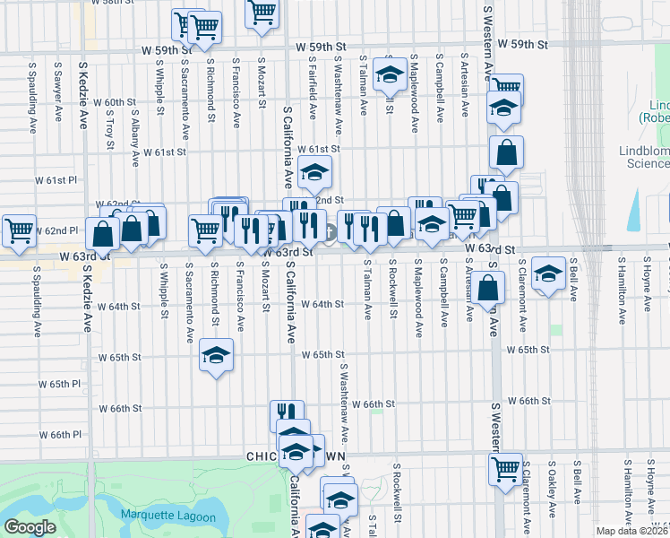 map of restaurants, bars, coffee shops, grocery stores, and more near 6334 South Washtenaw Avenue in Chicago