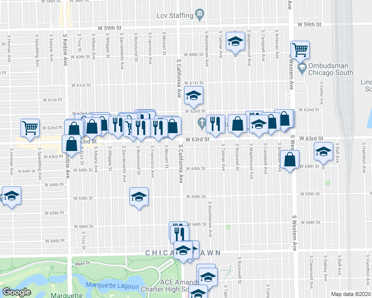 map of restaurants, bars, coffee shops, grocery stores, and more near 6335 South California Avenue in Chicago
