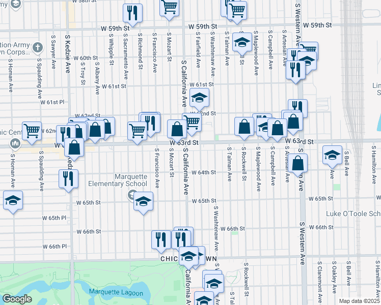 map of restaurants, bars, coffee shops, grocery stores, and more near 6335 South California Avenue in Chicago