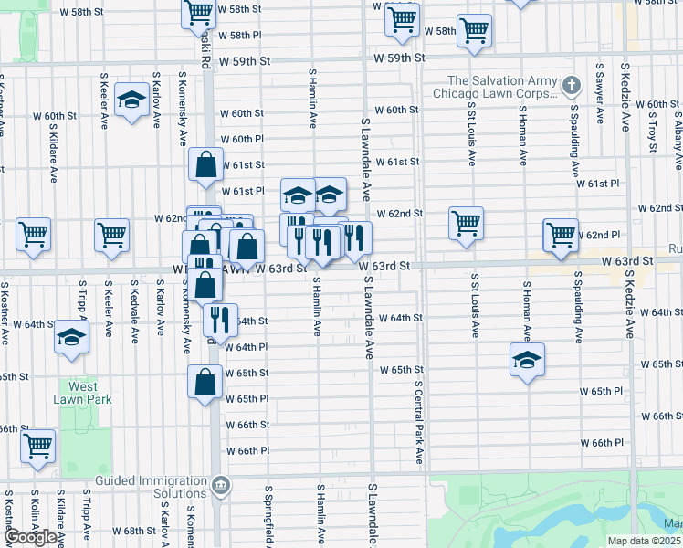 map of restaurants, bars, coffee shops, grocery stores, and more near 3742 West 63rd Place in Chicago