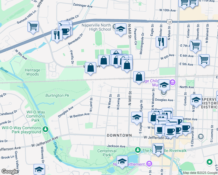 map of restaurants, bars, coffee shops, grocery stores, and more near 217 North West Street in Naperville