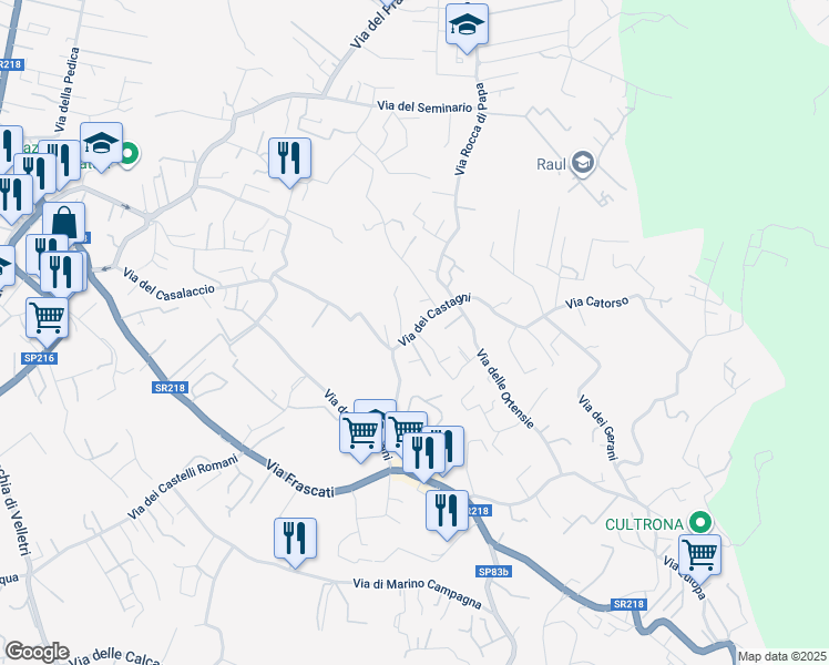 map of restaurants, bars, coffee shops, grocery stores, and more near 30 Via dei Castagni in Rocca di Papa