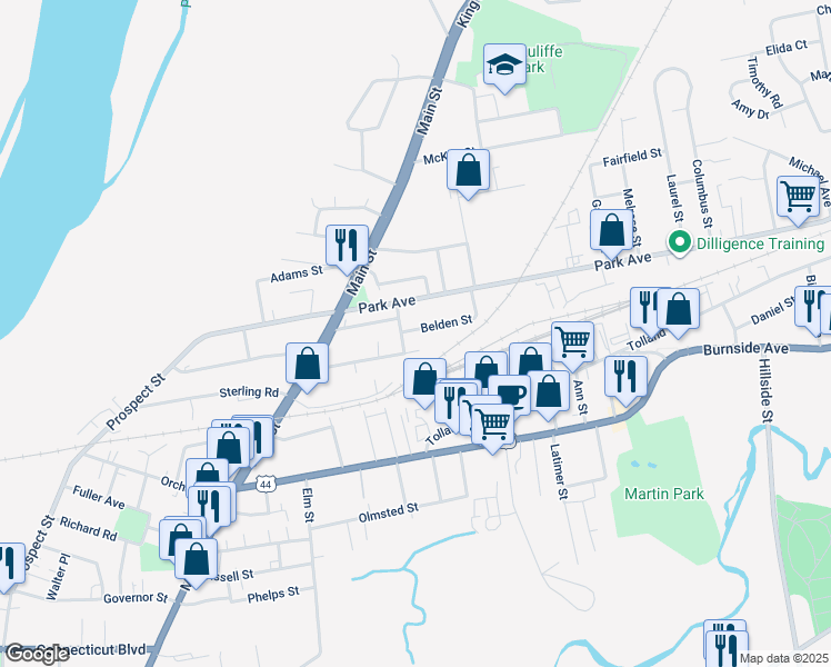 map of restaurants, bars, coffee shops, grocery stores, and more near 5 Belden Street in East Hartford