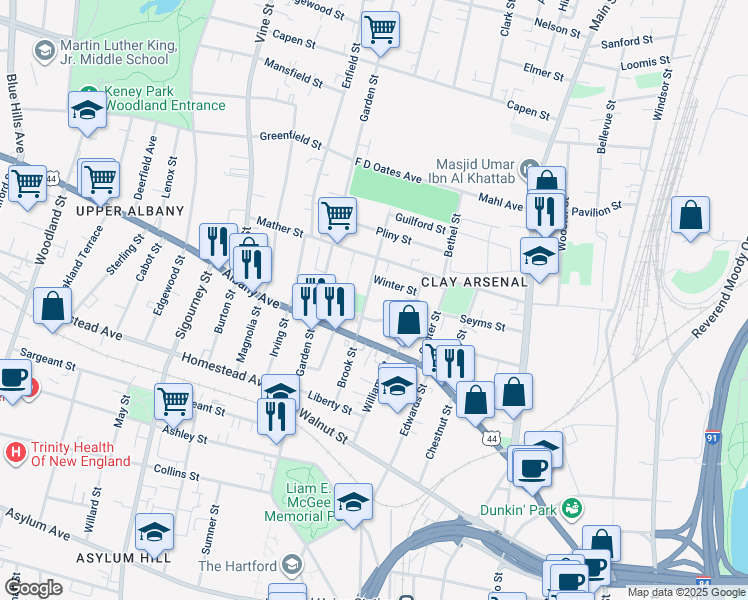map of restaurants, bars, coffee shops, grocery stores, and more near 102 Brook Street in Hartford