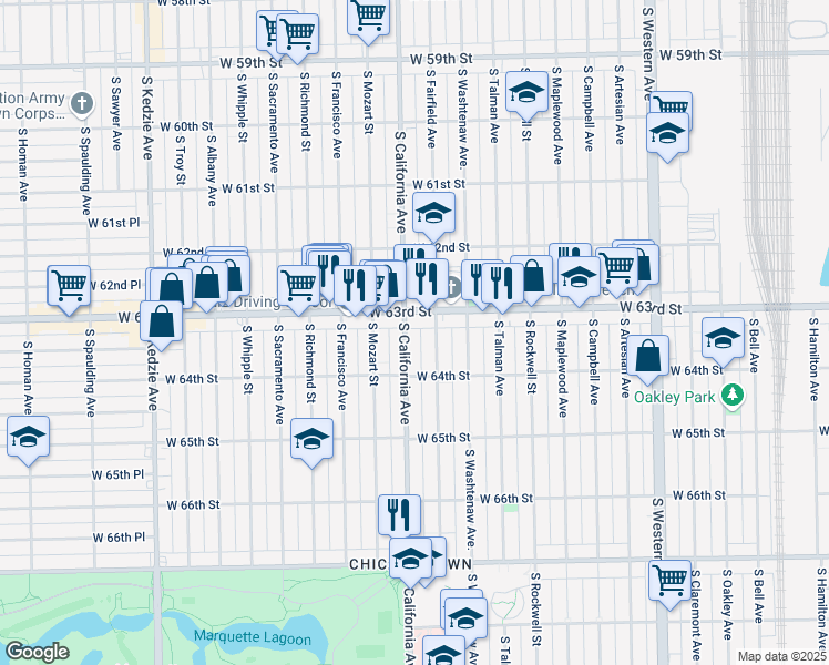 map of restaurants, bars, coffee shops, grocery stores, and more near 6335 South California Avenue in Chicago