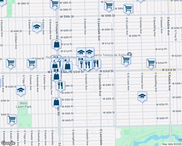 map of restaurants, bars, coffee shops, grocery stores, and more near 3742 West 63rd Place in Chicago