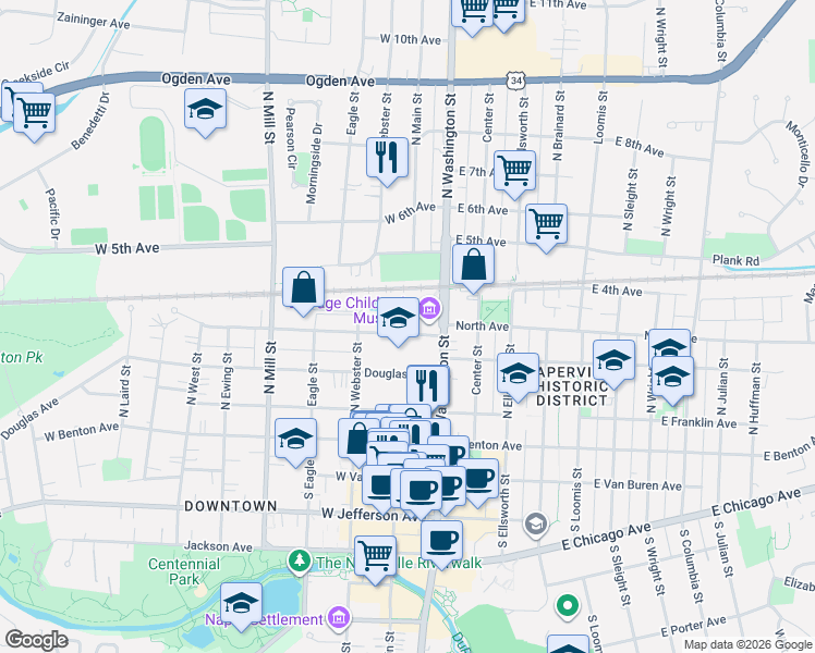 map of restaurants, bars, coffee shops, grocery stores, and more near 75 Spring Avenue in Naperville