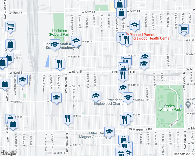 map of restaurants, bars, coffee shops, grocery stores, and more near 6351 South Wood Street in Chicago