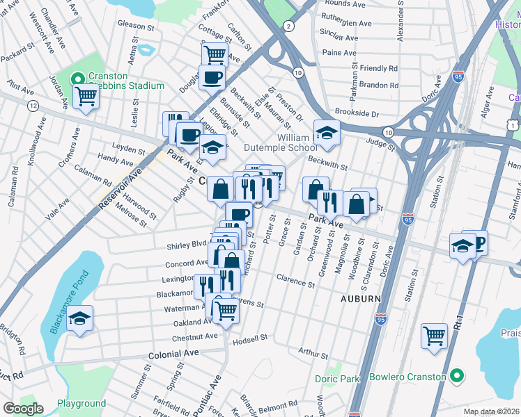 map of restaurants, bars, coffee shops, grocery stores, and more near 19 Potter Street in Cranston