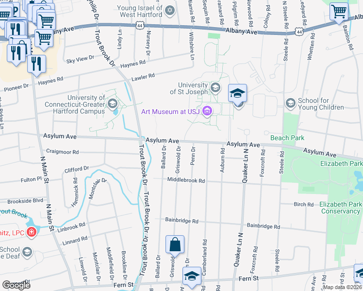 map of restaurants, bars, coffee shops, grocery stores, and more near 246 Griswold Drive in West Hartford
