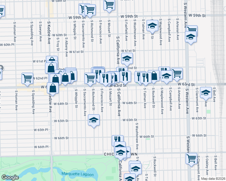 map of restaurants, bars, coffee shops, grocery stores, and more near in Chicago