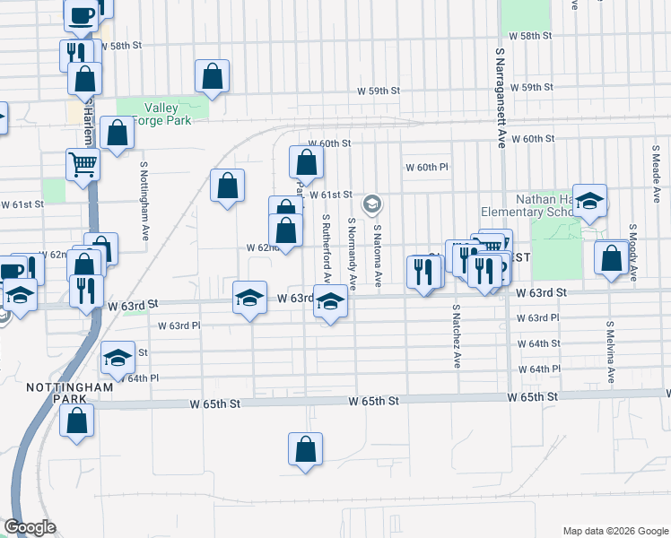map of restaurants, bars, coffee shops, grocery stores, and more near 6244 South Normandy Avenue in Chicago