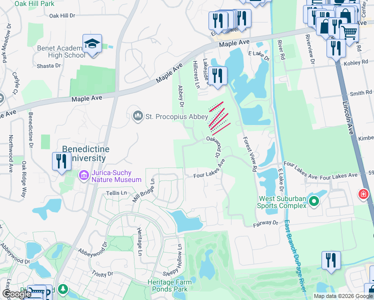 map of restaurants, bars, coffee shops, grocery stores, and more near 5800 Oakwood Drive in Lisle