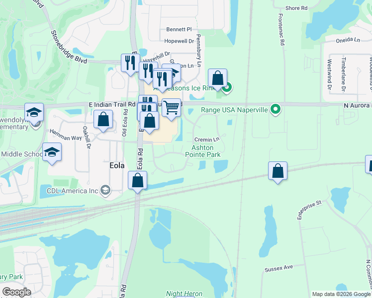 map of restaurants, bars, coffee shops, grocery stores, and more near 3163 Ollerton Avenue in Aurora