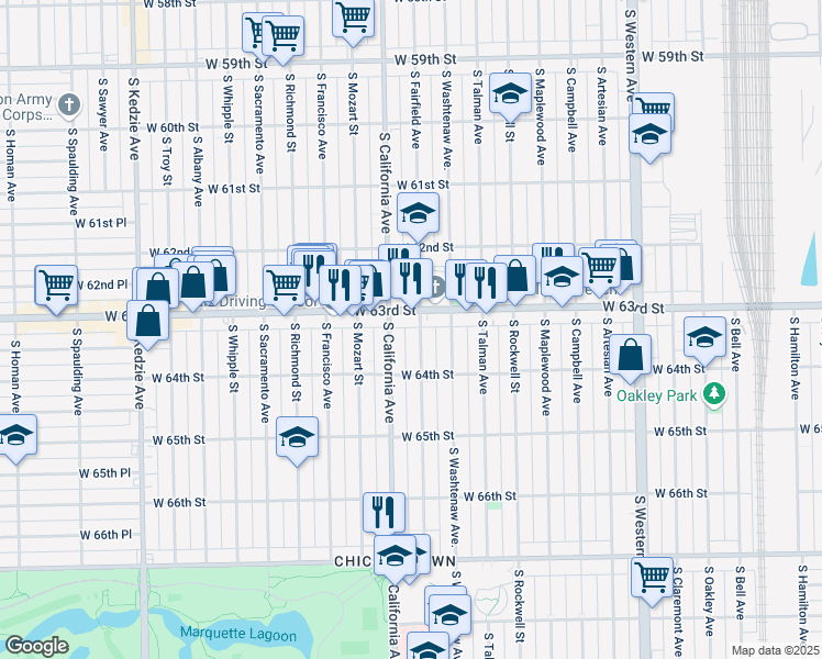 map of restaurants, bars, coffee shops, grocery stores, and more near 6335 South California Avenue in Chicago