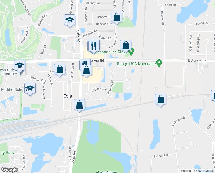 map of restaurants, bars, coffee shops, grocery stores, and more near 3163 Ollerton Avenue in Aurora