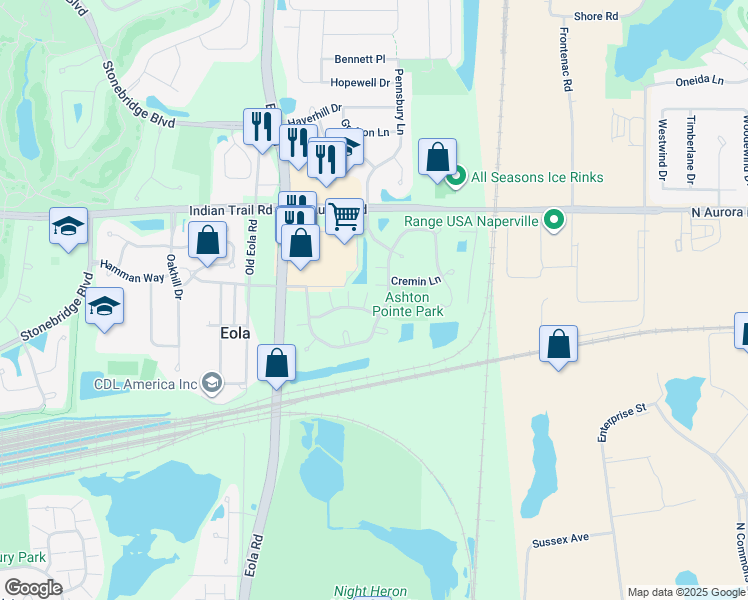 map of restaurants, bars, coffee shops, grocery stores, and more near 3163 Ollerton Avenue in Aurora
