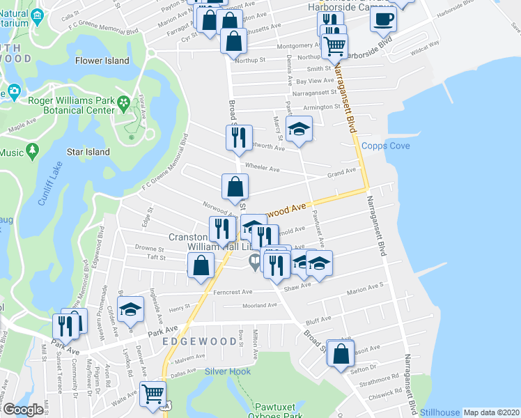 map of restaurants, bars, coffee shops, grocery stores, and more near 205 Norwood Avenue in Cranston