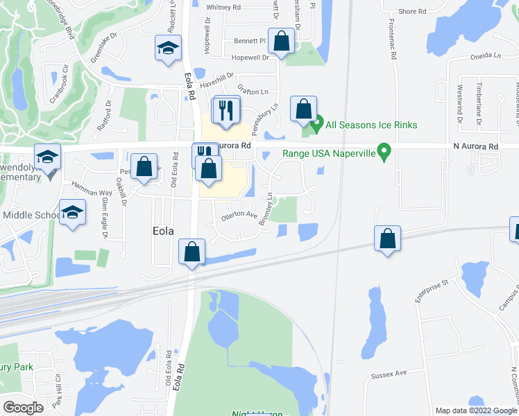 map of restaurants, bars, coffee shops, grocery stores, and more near 3163 Ollerton Avenue in Aurora