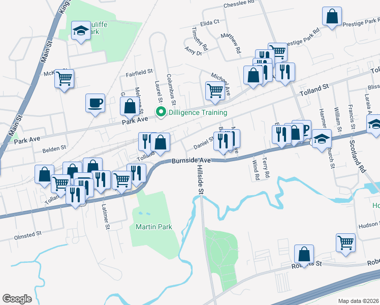 map of restaurants, bars, coffee shops, grocery stores, and more near 23 Daniel Street in East Hartford
