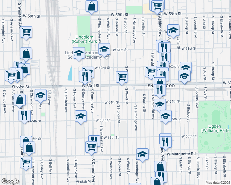 map of restaurants, bars, coffee shops, grocery stores, and more near 6342 South Honore Street in Chicago