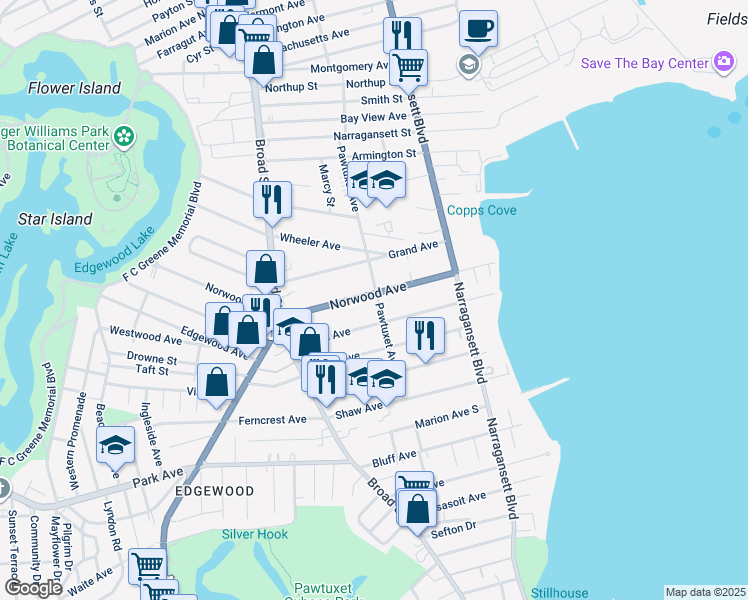 map of restaurants, bars, coffee shops, grocery stores, and more near 130 Norwood Avenue in Cranston