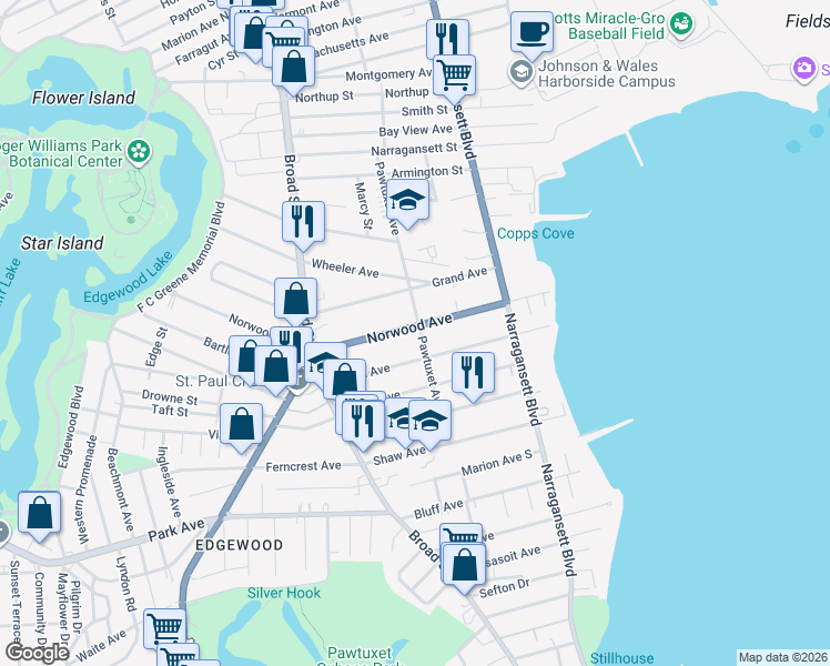 map of restaurants, bars, coffee shops, grocery stores, and more near 131 Arnold Avenue in Cranston