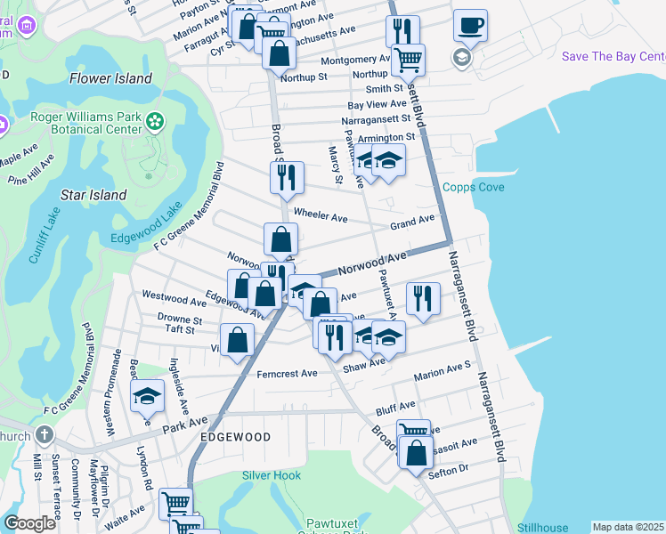 map of restaurants, bars, coffee shops, grocery stores, and more near 178 Norwood Avenue in Cranston